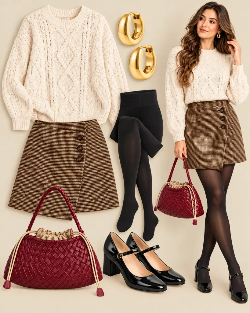Classic Christmas outfit featuring a cream sweater, red and green plaid skirt, and Mary Jane heels