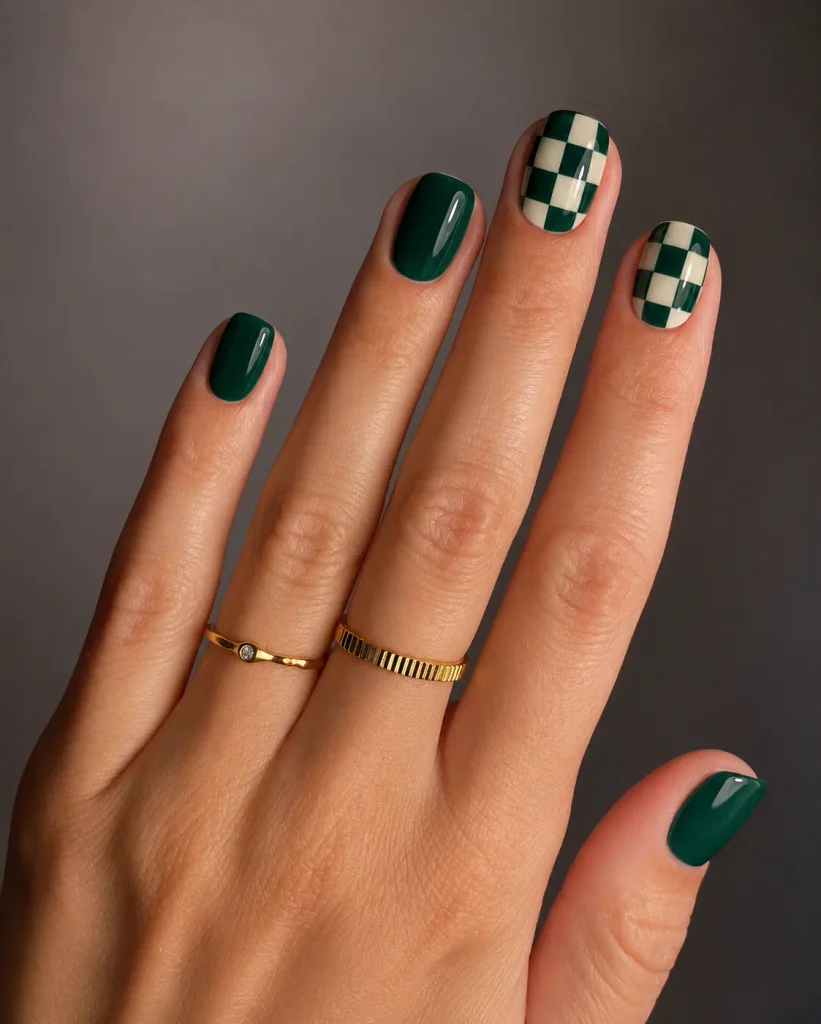 Dark green and cream Christmas checkerboard nails with alternating square patterns on accent nails
