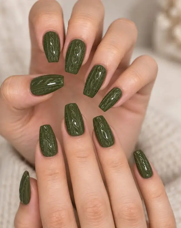 Dark green Christmas sweater nails with raised knitted patterns and a matte finish on accent nails