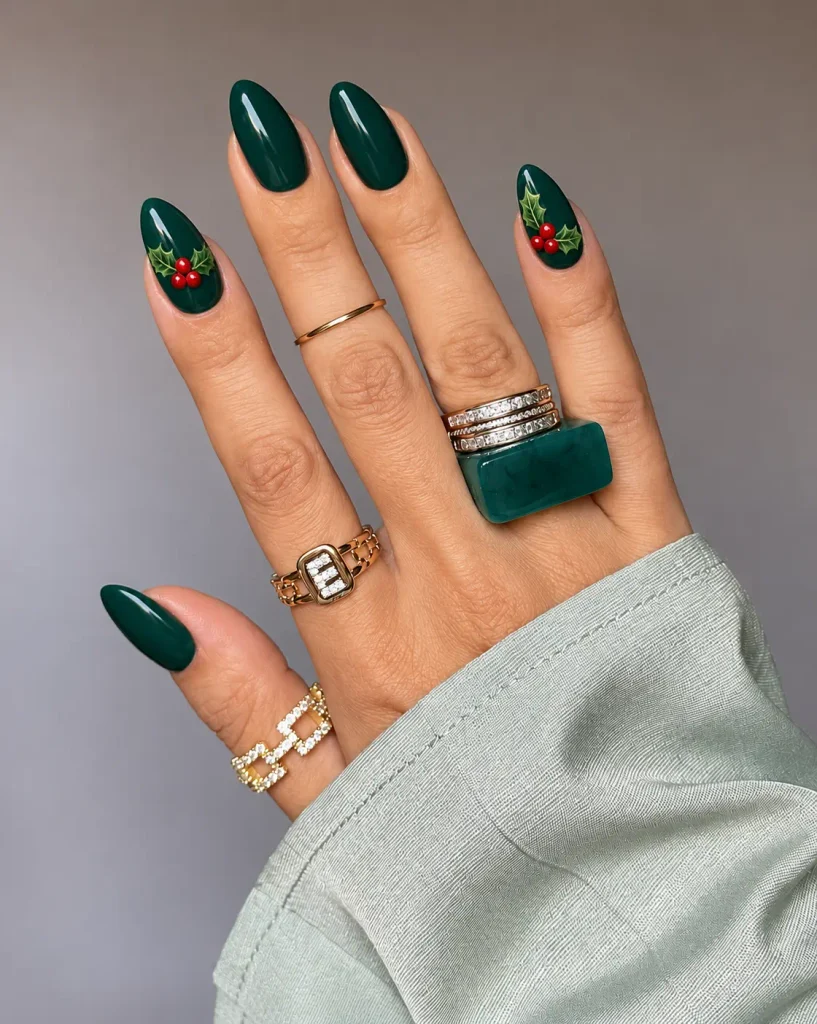 Dark green Christmas nails decorated with holly leaves and bright red berry details on an accent nail