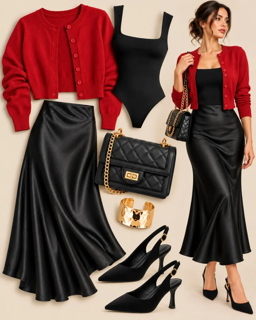 Dark red cardigan paired with a black satin midi skirt and black pointed-toe kitten heels