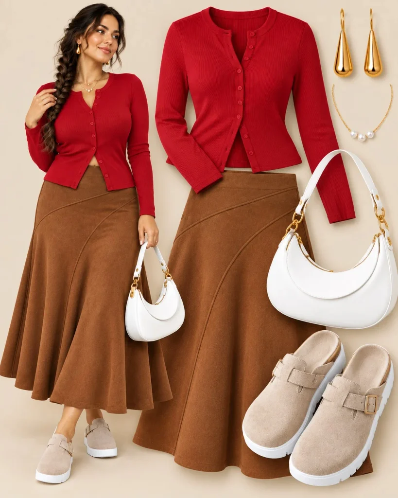 Dark red cardigan with a chocolate brown suede midi skirt and cream suede clogs