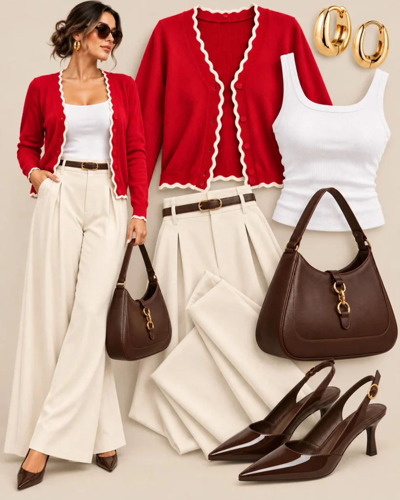 Dark red cardigan with cream wide-leg trousers, a matching belt, and chocolate brown slingback heels