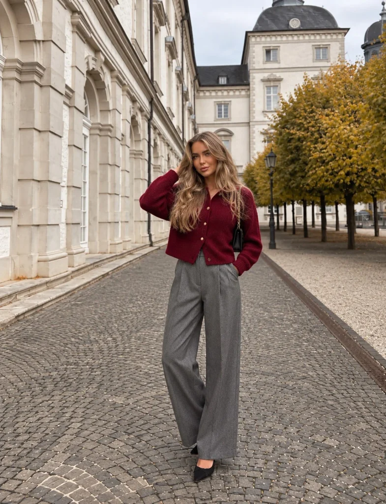 Dark red cardigan with gray wide-leg wool trousers and black suede pumps