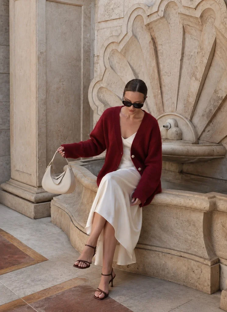 Dark red cardigan layered over an ivory slip dress with dark brown strappy heeled sandals