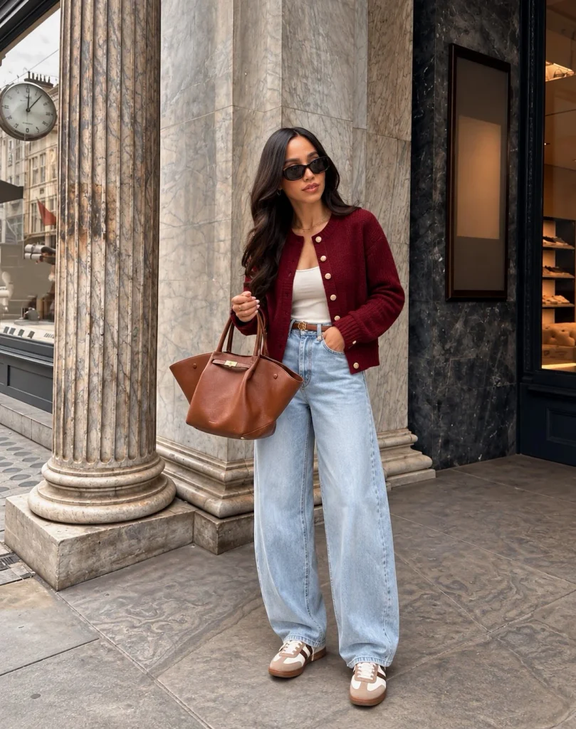 Dark red cardigan with light-wash barrel-leg jeans and cream-and-brown retro sneakers