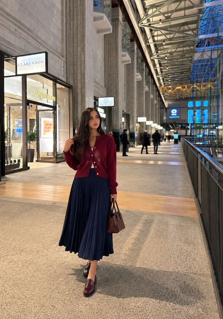 Dark red cardigan with a navy pleated midi skirt and burgundy leather penny loafers