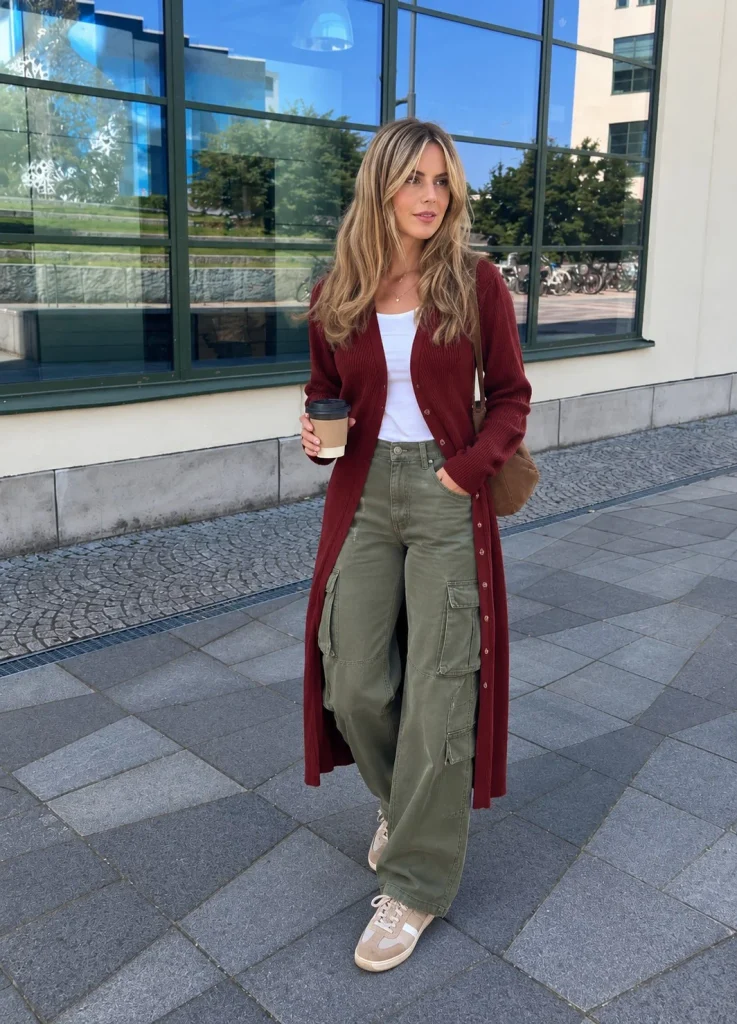 Dark red cardigan paired with olive green cargo pants and beige suede sneakers