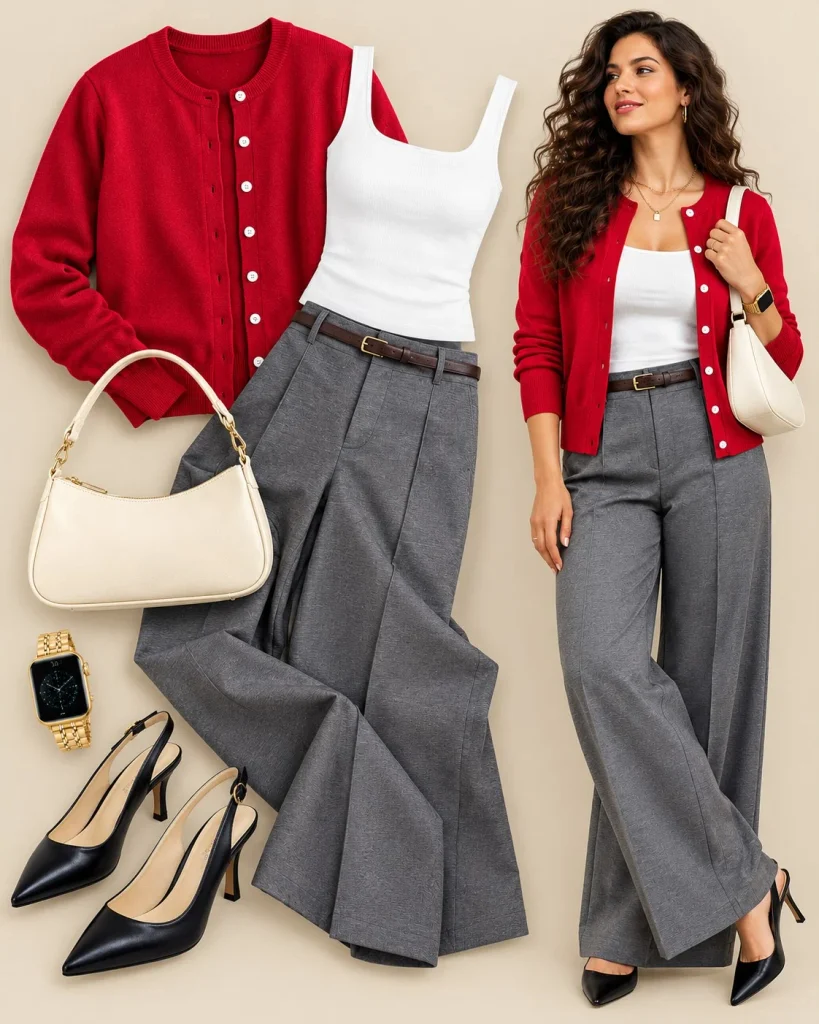 Dark red cardigan layered over a white button-down with charcoal tailored trousers and black pointed-toe pumps