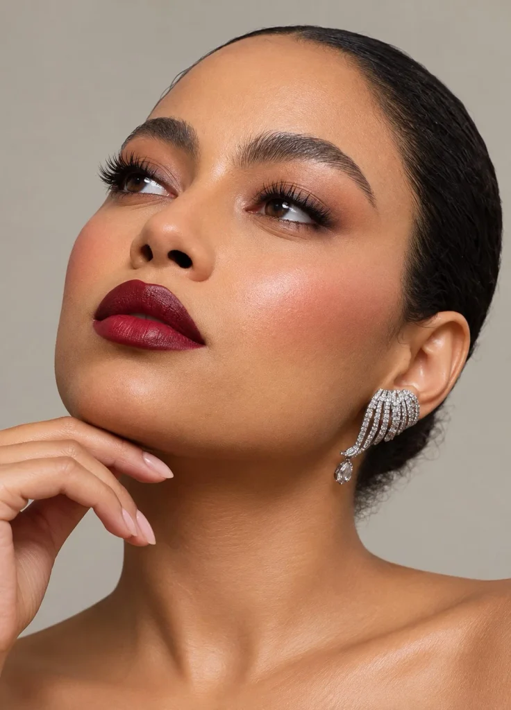 Woman wearing deep berry lipstick with rich red-purple tones on brown skin