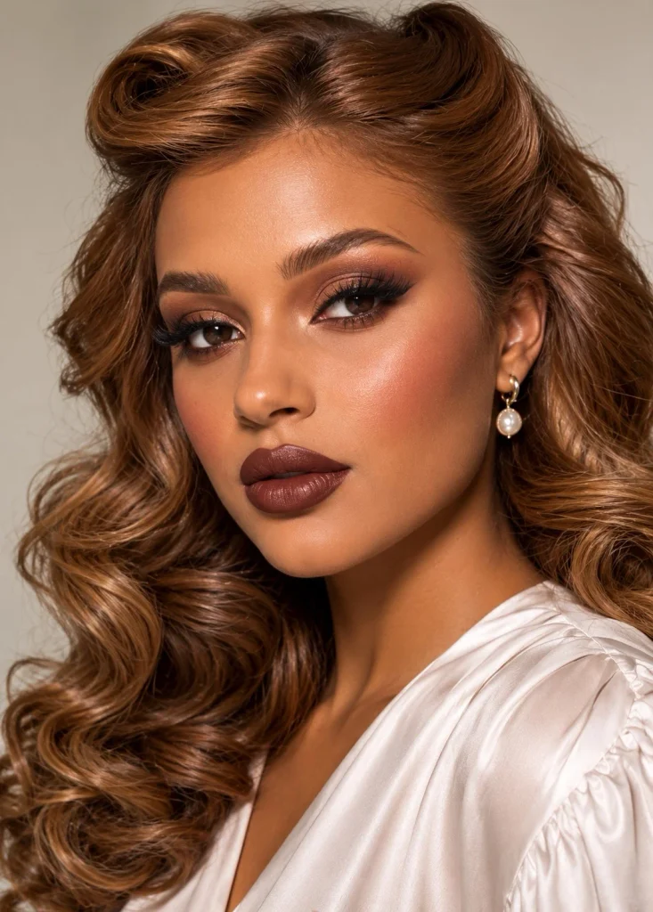 Woman wearing deep cocoa brown lipstick with an intense rich brown finish on brown skin