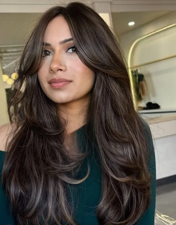 Deep espresso brown hair with a rich glossy finish on olive skin