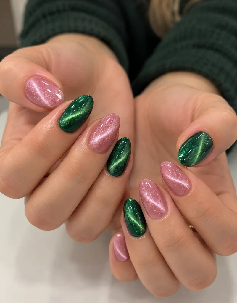 Emerald green and pink Christmas cat-eye nails with a shifting magnetic velvet-like finish