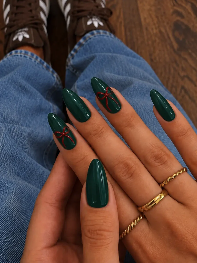 Emerald green Christmas nails with small bright red bow designs on accent nails