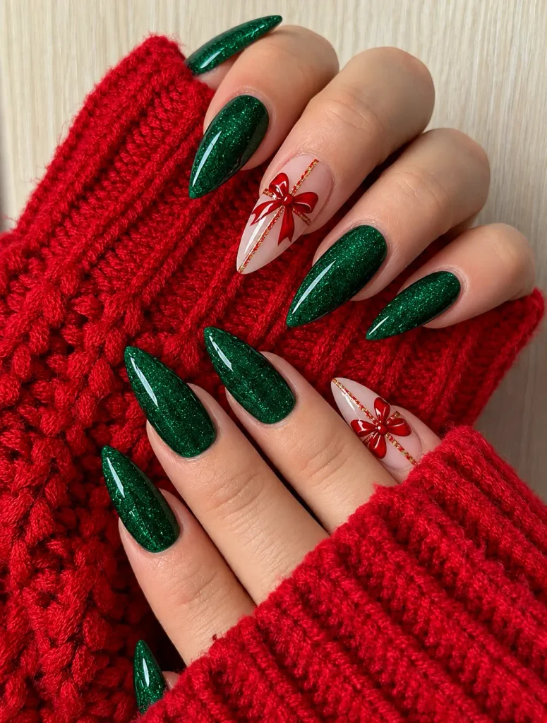 Emerald green Christmas nails with statement red bows and festive ribbon details