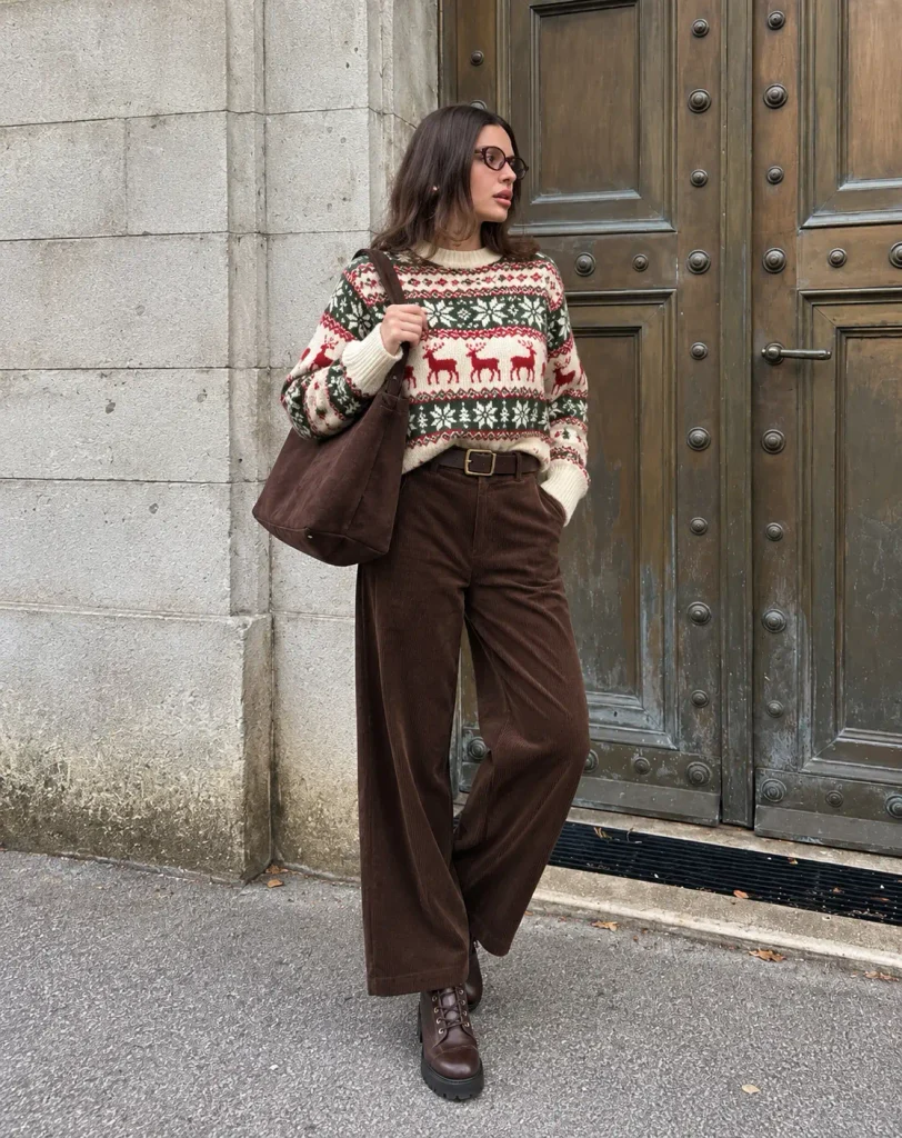 Cozy winter Christmas outfit with a Fair Isle sweater, brown corduroy trousers, and lace-up ankle boots