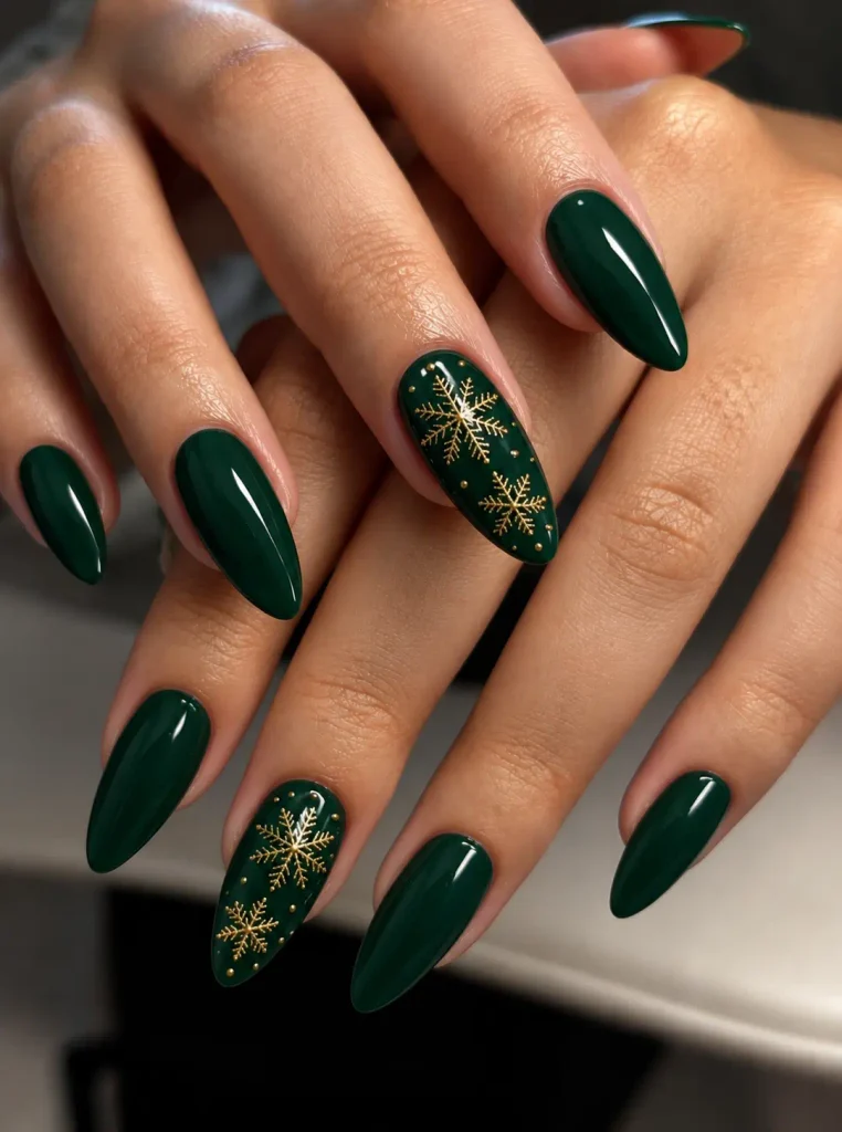 Forest-green Christmas nails decorated with delicate gold snowflake nail art on accent nails