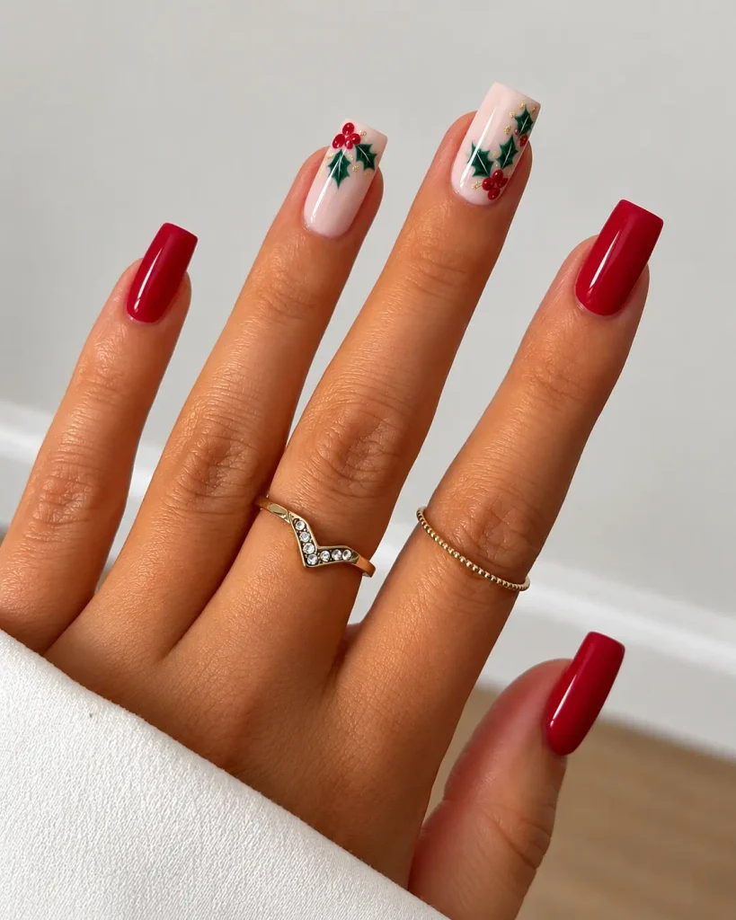 Glossy red Christmas nails with hand-painted green holly leaves, red berries, and tiny gold accents