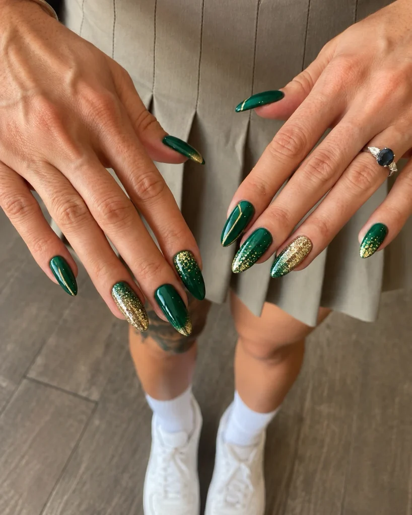 Green and gold Christmas nails with emerald polish, gold glitter accents, and metallic details
