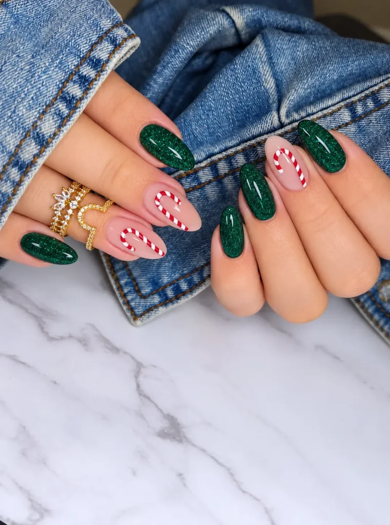 Green glitter Christmas nails paired with red and white candy cane stripes on an accent nail