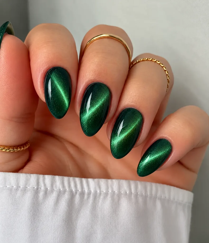 Emerald green Christmas cat-eye nails with a magnetic velvet-like glow and shifting light reflection