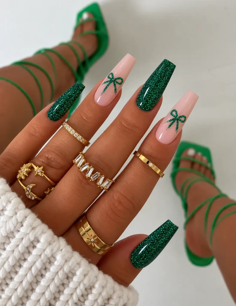 Green glitter Christmas nails with a delicate bow design on a nude accent nail