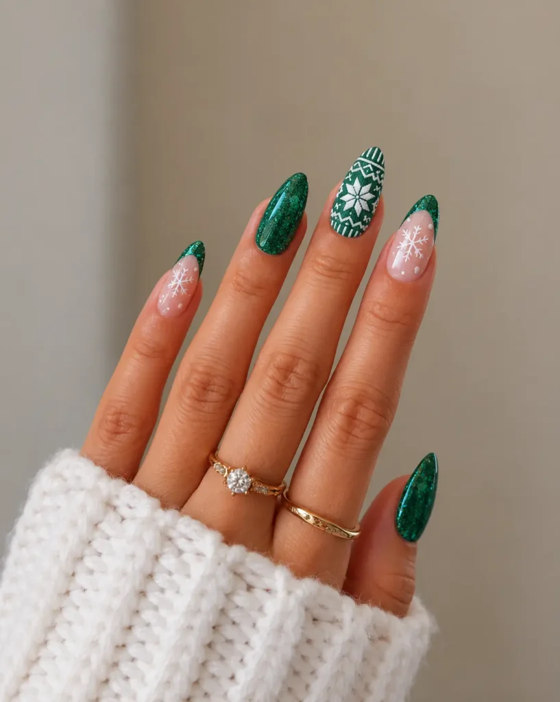 Green glitter Christmas nails with white sweater-inspired diamonds, zigzags, and knitted nail art