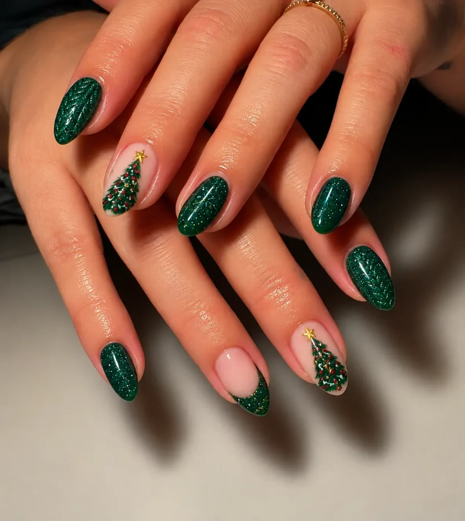 Green glitter Christmas nails with a miniature Christmas tree, tiny gold star, and decorative ornaments on an accent nail