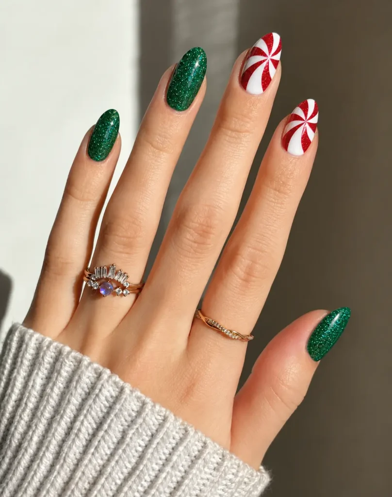 Green glitter Christmas nails with red and white peppermint swirl nail art on a white accent nail