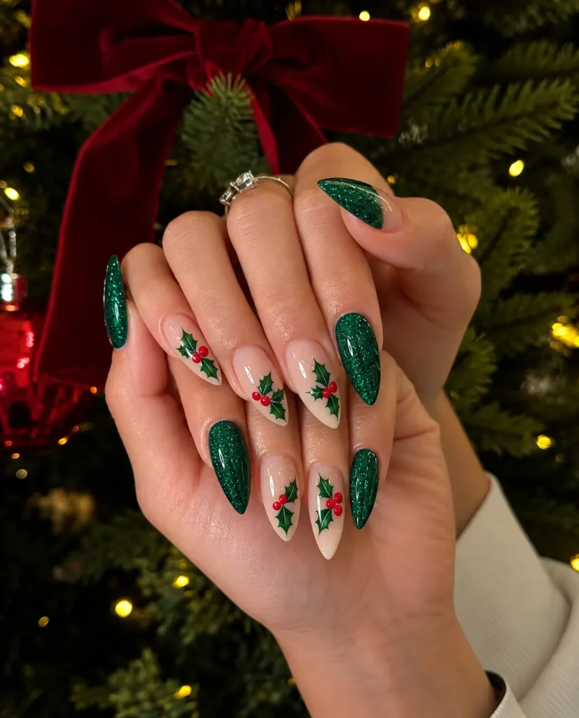 Green glitter Christmas nails with red holly berries and pointed green leaves on a nude accent nail