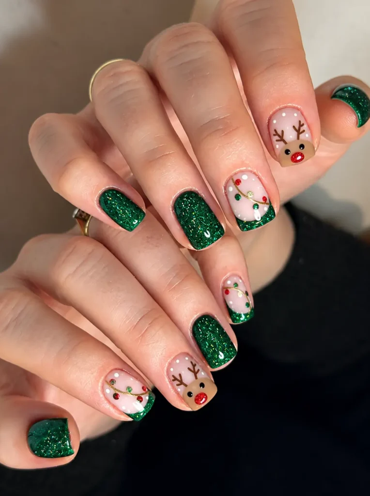Green glitter Christmas nails paired with a brown reindeer face, antlers, and a red nose on a nude accent nail