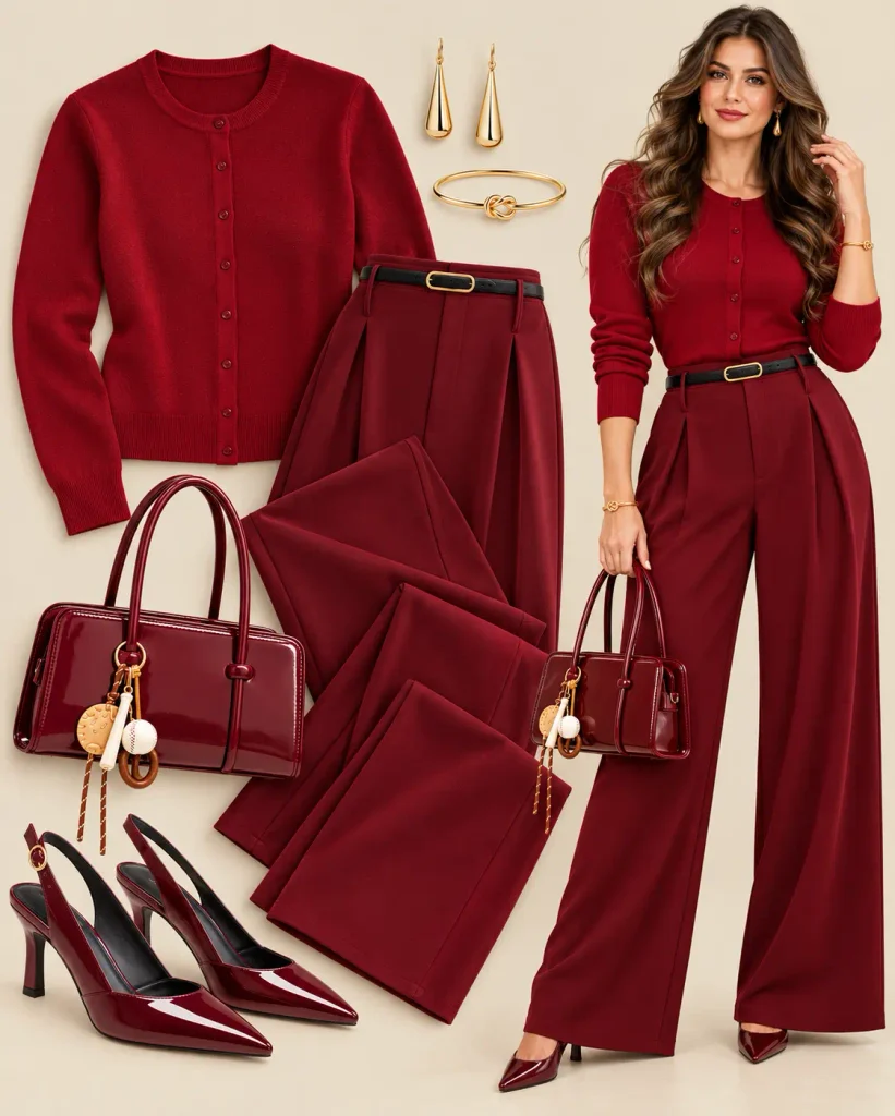 Monochrome red Christmas outfit with a red sweater, matching wide-leg trousers, and burgundy heels