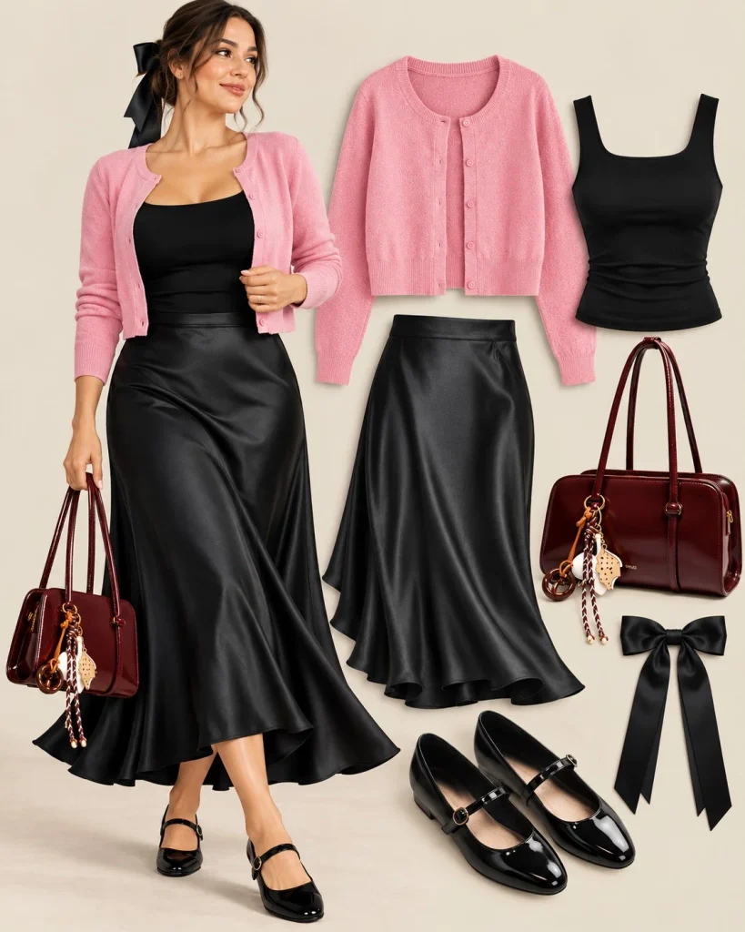Light pink cardigan with black satin midi skirt, fitted black top, and black patent Mary Jane flats