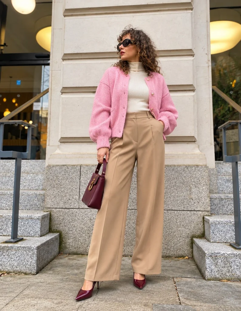 Light pink cardigan with camel tailored trousers, ivory mock-neck top, and burgundy heeled pumps