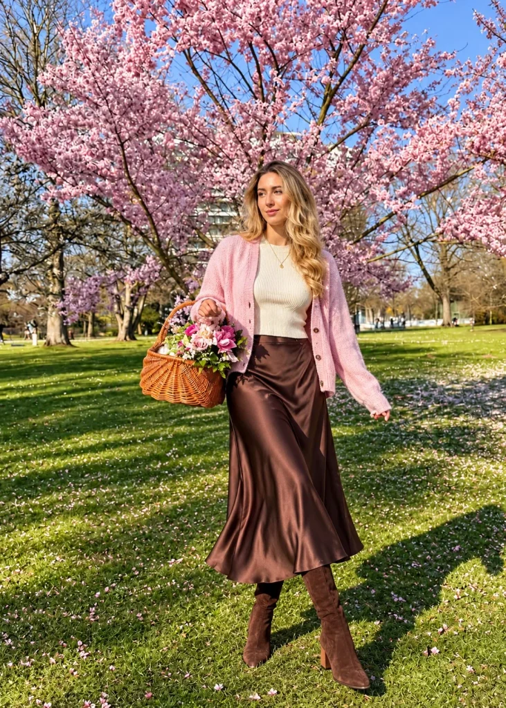Light pink cardigan with chocolate brown satin midi skirt, cream knit top, and chocolate suede heeled boots