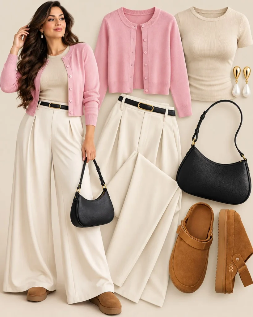 Light pink cardigan with cream wide-leg trousers, ivory fitted top, and chestnut suede clogs