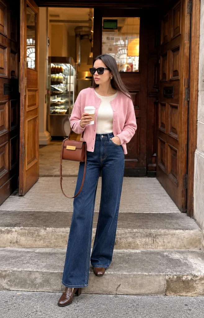 Light pink cardigan with dark indigo wide-leg jeans, ivory fitted sweater, and chocolate brown heeled loafers