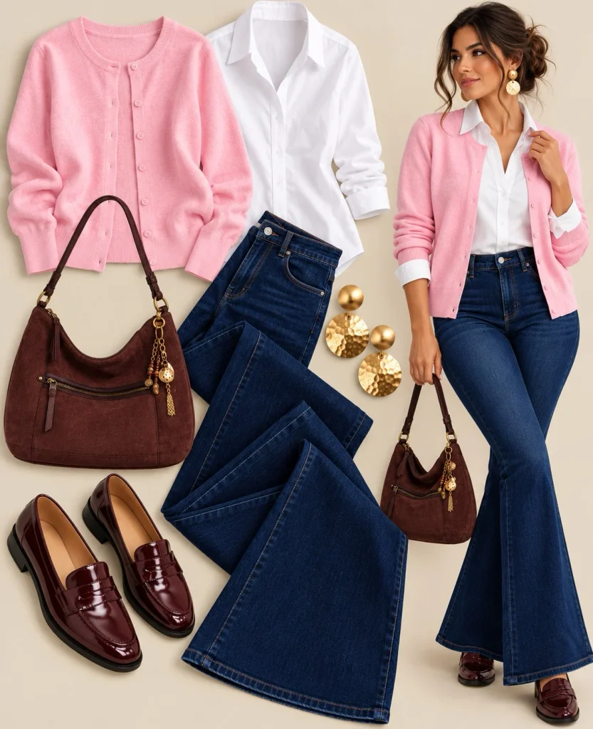 Light pink cardigan with dark-wash bootcut jeans, white button-down shirt, and burgundy leather loafers