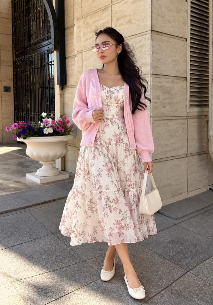 Light pink cardigan layered over a floral midi dress with cream ballet flats
