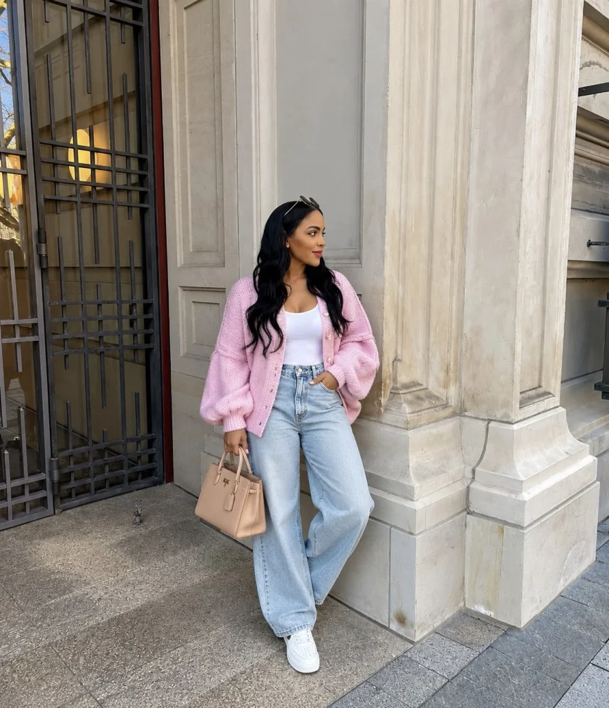 Light pink cardigan with light-wash barrel-leg jeans, white scoop-neck top, and white leather sneakers