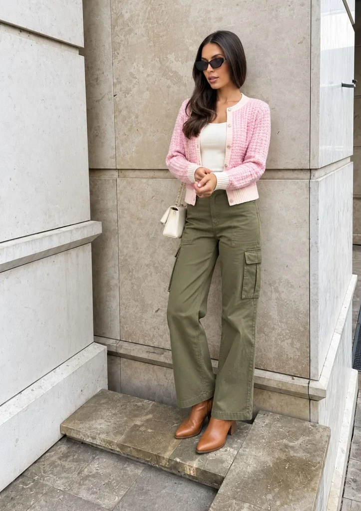 Light pink cardigan with olive green utility trousers, cream tank top, and tan leather ankle boots
