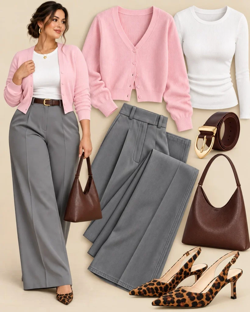 Light pink cardigan with soft gray wide-leg trousers, white fitted knit top, and leopard-print kitten-heel pumps