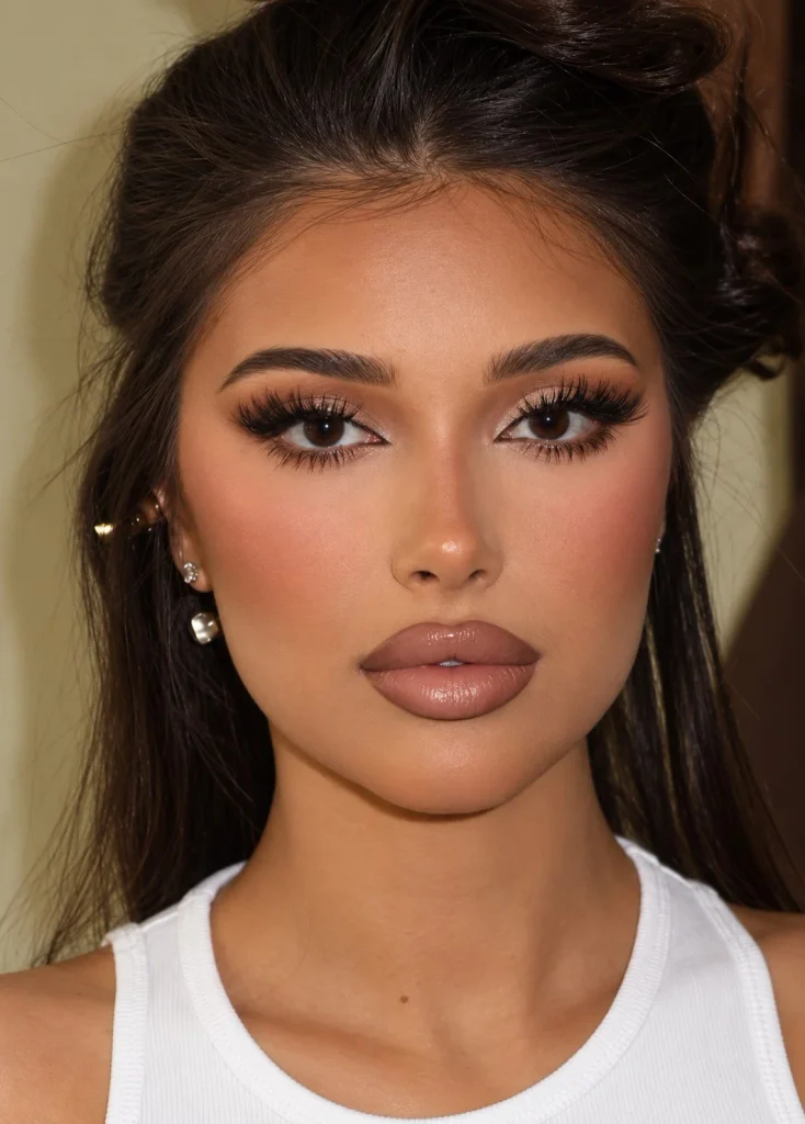 Woman wearing soft mocha nude lipstick with coffee-brown tones on brown skin
