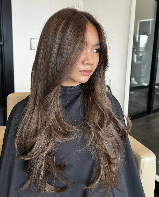 Mushroom brown hair with cool taupe tones for cool olive undertones