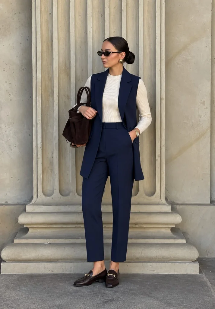 Navy ankle trousers with soft knit top, longline vest and loafers