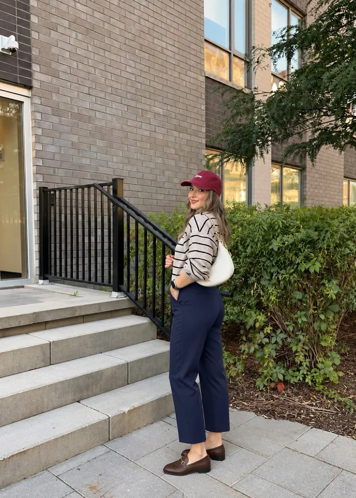 Navy cropped trousers with striped knit top and loafers