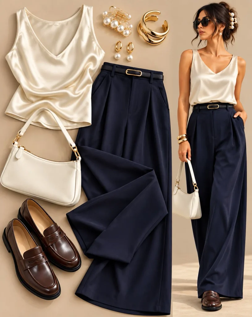 Navy pleated trousers with satin shell top and loafers
