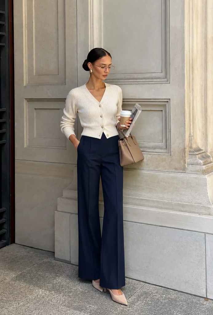 Navy trousers with ribbed cardigan and pointed-toe flats