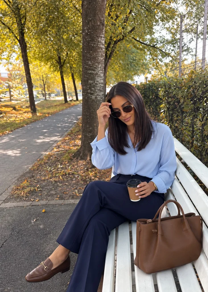 Navy trousers with soft blue blouse and brown leather loafers