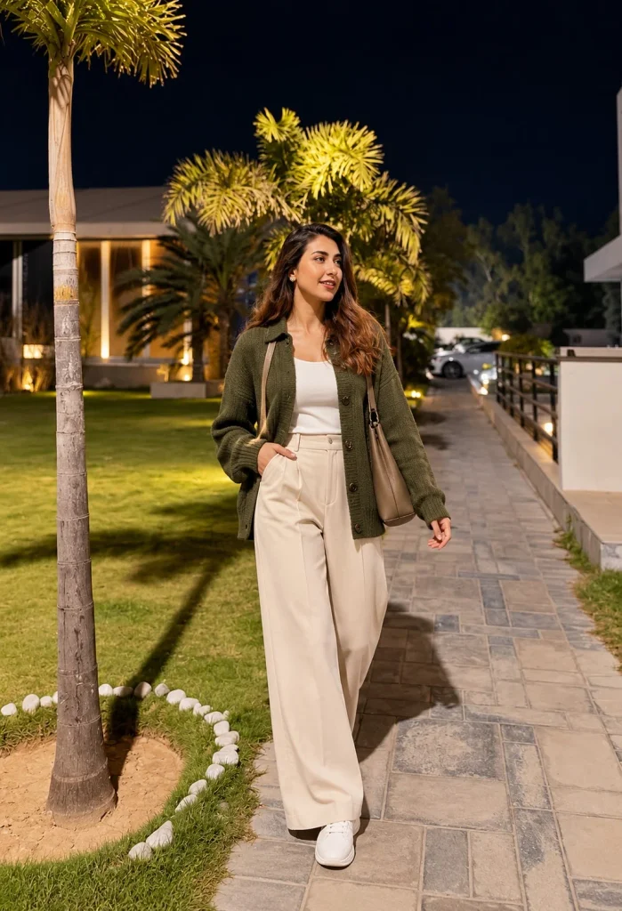 Olive green cardigan with beige wide-leg trousers and minimalist sneakers